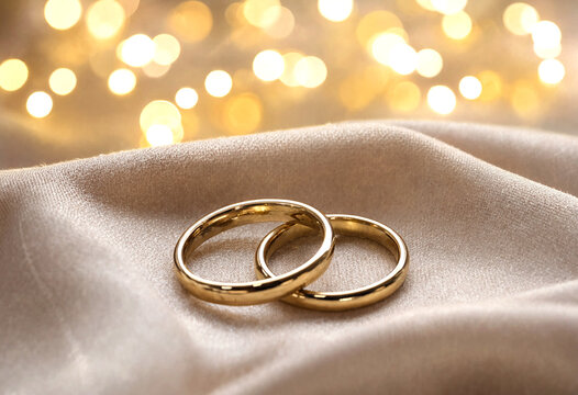 Two Gold Wedding Rings Placed on Soft Fabric with Warm Light Background