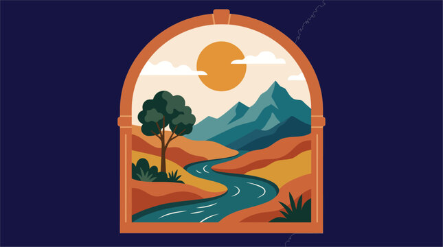 Flat vector landscape illustration with mountains and river