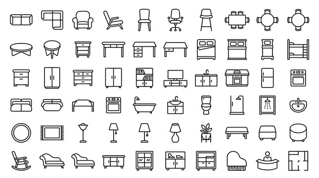 50 Furniture Top View Editable Line Icons for Interior Design, Floor Plans, Home Layouts, Architecture and Modern Room Planning
