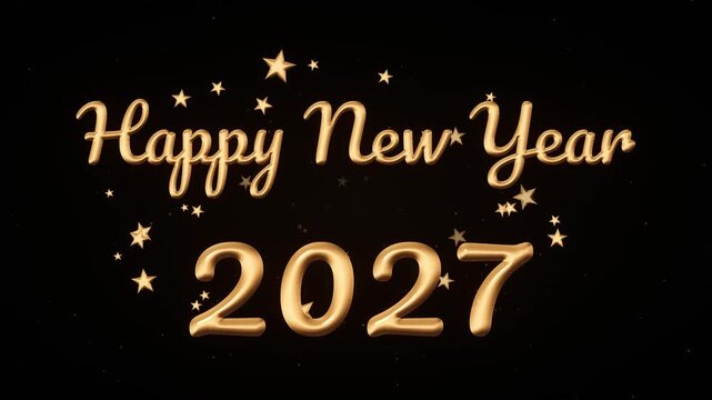 Happy New Year 2027 gold script text drawn by light trail with 3D gold numbers and twinkling stars on black background