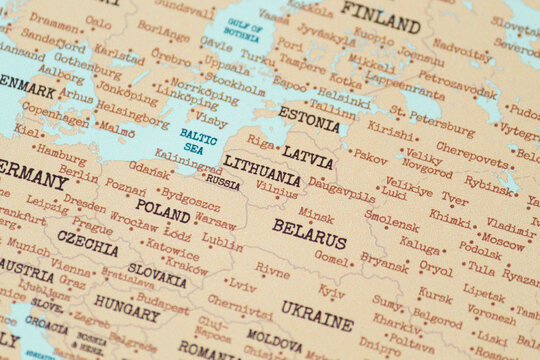 Close up view of lithuania on a vintage political world map