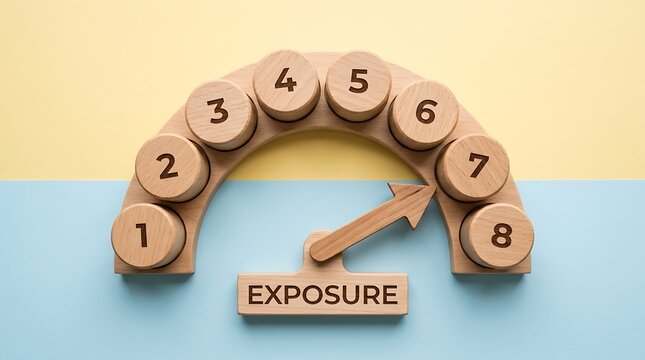 Wooden gauge indicator pointing to seven on a dual tone background