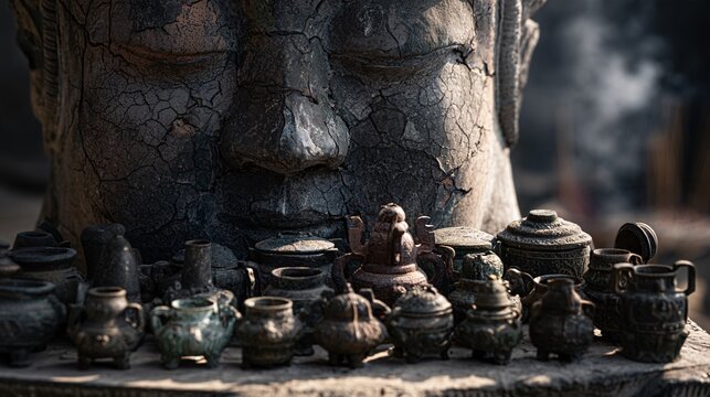 A collection of aged bronze artifacts arranged neatly at the base of a weathered stone deity
