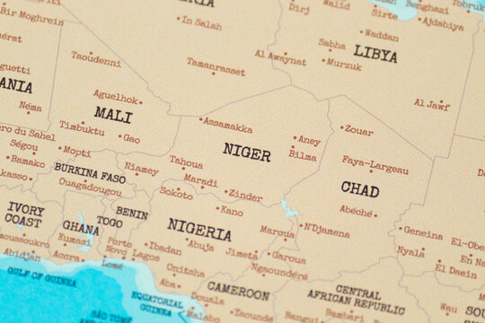 Close up view of niger on a vintage political world map