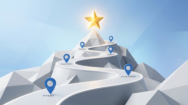 Winding road leading to a golden star on a mountain peak with map pins