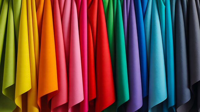 Colorful fabric collection arranged in a gradient from warm to cool colors