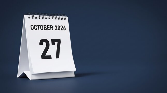 October 2026 calendar page showing the 27th day, white spiral desk calendar on dark blue background, professional time management and scheduling concept, daily organizer for business planning
