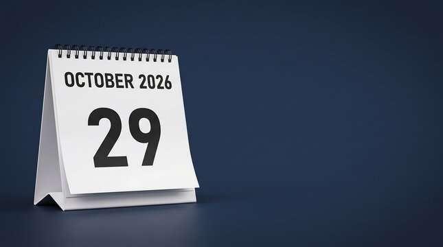October 29 2026 desk calendar on dark blue background. Minimalist spiral flip calendar showing twenty-ninth day of October. Professional office schedule planner for autumn appointment tracking.