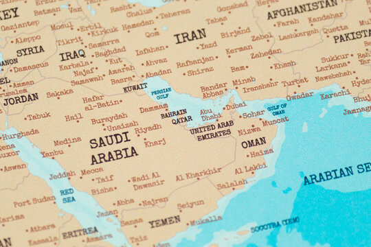 Close up view of qatar on a vintage political world map