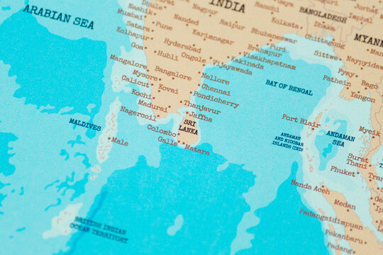 Close up view of sri lanka on a vintage political world map