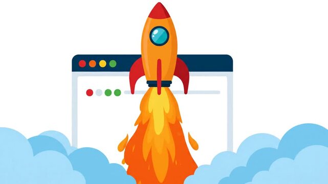 Rocket launching from computer screen with clouds and flames