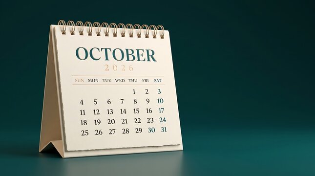 October 2026 desk calendar on dark green background, elegant spiral monthly planner for office organization, minimalist paper calendar page for schedule management and time tracking