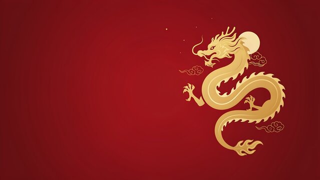 Golden chinese dragon silhouette on a deep red background with asian culture