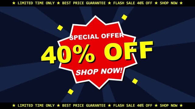 40% off sale motion. Flash sale forty percent off banner with sunburst background