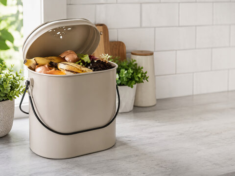 A light beige compost bin sits open on a grey speckled countertop, revealing discarded vegetable scraps like banana peels and onion pieces.