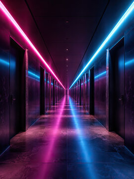 A long, dark corridor extends into the distance, illuminated by bright pink and blue LED light strips.
