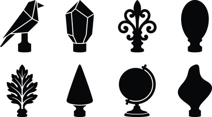 Decorative curtain rod finials and fence post cap silhouettes set featuring bird crystal fleur de lis and globe designs © Hunufa