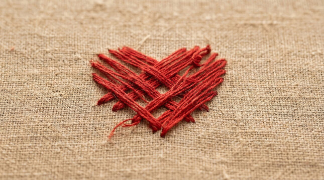 Inspirational red thread heart, sacred symbol of faith on rustic fabric, ideal for campaigns and advertising.