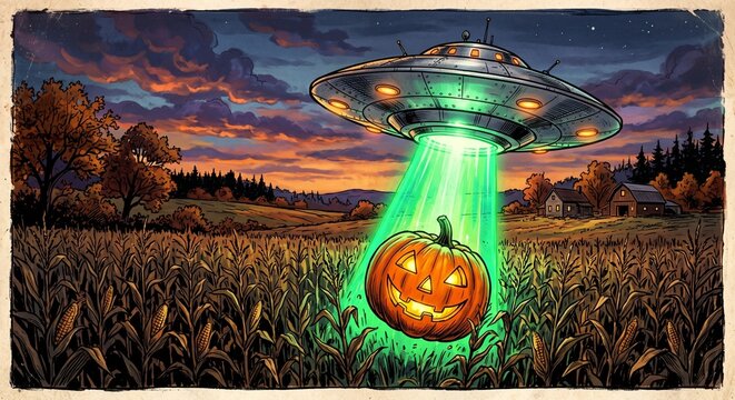 Vintage-style image of an alien spaceship abducting a Halloween lantern, featuring rustic lighting and an outdoor rural setting.