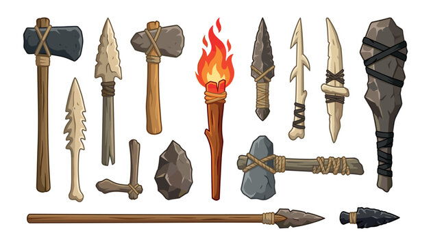 Prehistoric stone age tools and weapons vector illustration collection with ancient axes spearheads torch and club