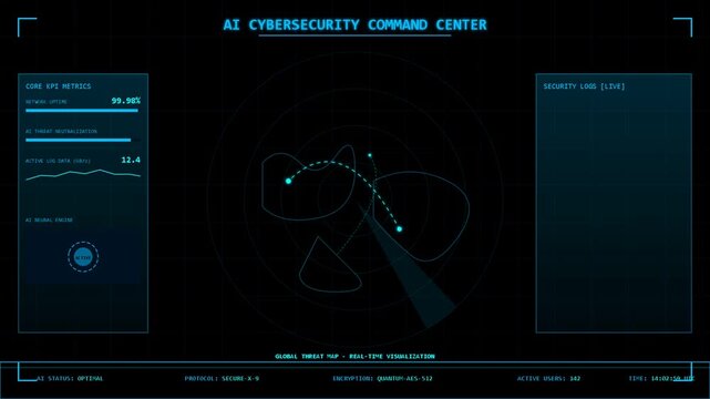 Futuristic digital radar interface for cybersecurity monitoring, network threat analysis, server data protection, information tracking, HUD systems