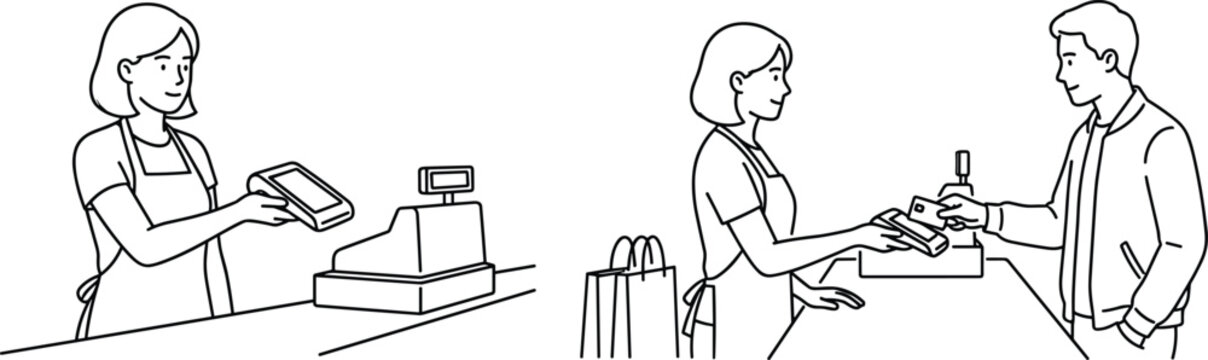 Minimalist vector line art illustration of customer paying by contactless credit card with cashier at supermarket store checkout counter