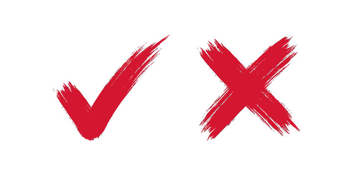 Red grunge checkmark and cross symbols set for feedback and evaluation.