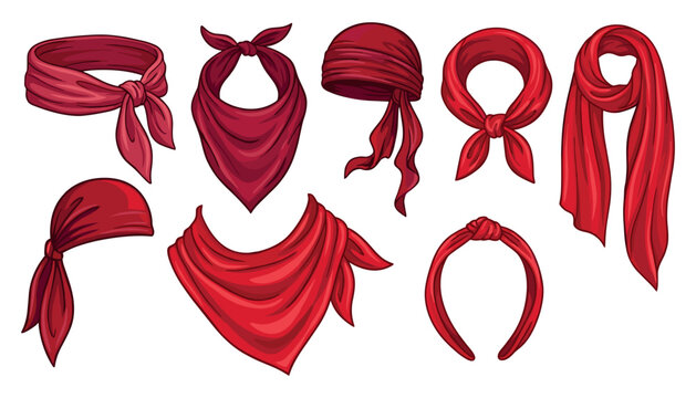 Set of red bandana scarf and headband vector illustrations with pirate banna neckerchief elements isolated on white