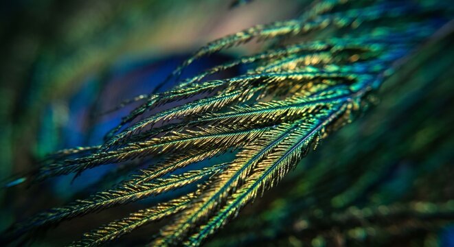 Macro Photography of Shimmering Iridescent Peacock Feather Details
