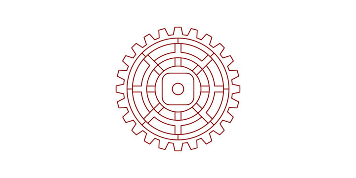 Gear industrial component icon red for mechanical engineering systems design.