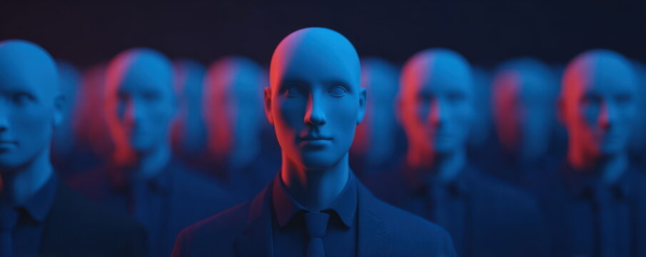 Identical bald figures in suits under blue and red neon lighting representing corporate conformity and loss of individual identity in modern society