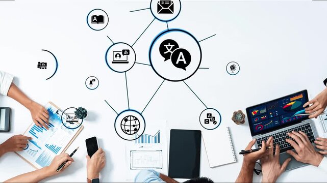 Translation icons show international languages, interpretation, and communication. Translation helps global business, translation supports learning, and translation improves cultural exchange. Funnel