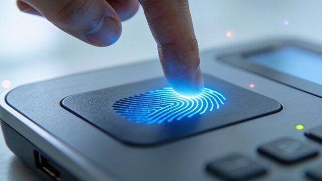 fingertip touching biometric fingerprint scanner with blue scan light