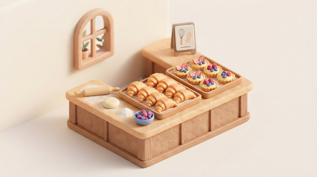 Cute 3D Isometric Bakery Counter with Fresh Baked Croissants, Berry Tarts, Rolling Pin, and Dough in Claymation Style