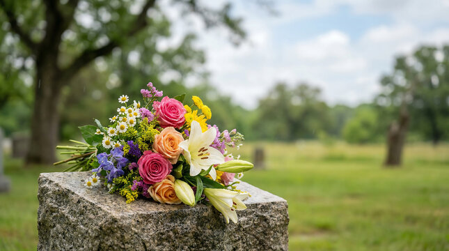 Colorful floral bouquet placed on a stone monument in a serene outdoor cemetery, a poignant image for advertising remembrance and tribute.