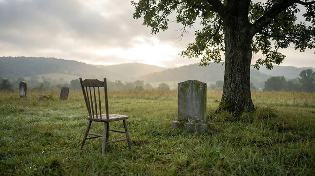 Early Morning Light Illuminates a Solitary Wooden Chair and Ancient Grave Marker in a Rural Field, ideal for thoughtful advertising campaigns.