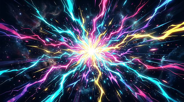 Colorful electric lightning burst exploding in dark cosmic space background