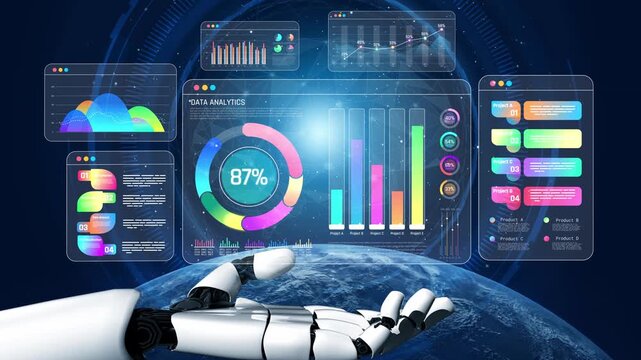 Futuristic robotic hand reaching towards data analytics graphs and charts showcasing digital technology in a global business context Sigmoid