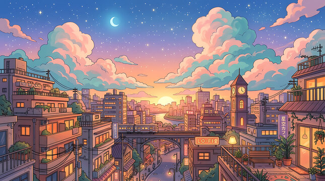 Anime style cityscape illustration showing a colorful sunset sky with stars and crescent moon over city rooftops