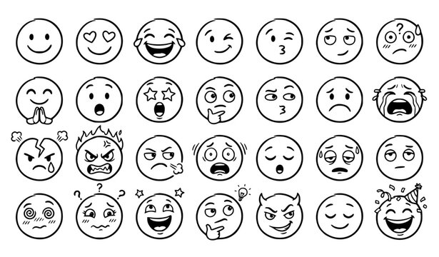 Funny Hand Drawn Cartoon Emoji Reaction Faces Doodle Vector Collection