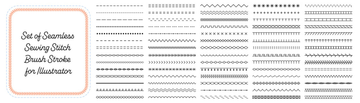 Big Seamless Sewing Stitch Brush Collection with Hand Drawn Threaded Lines and Decorative Textile Strokes for Adobe Illustrator, Vector Illustration