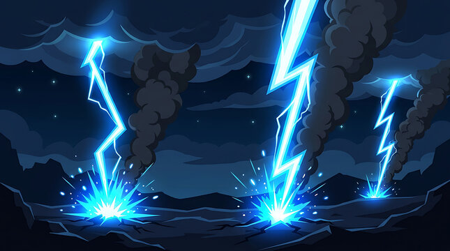Bright blue lightning bolts striking ground during stormy night vector illustration