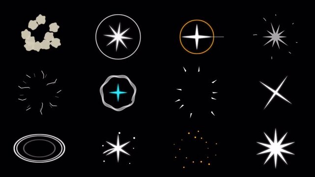 Animated hand-drawn starburst sparkle cloud pop and twinkle line effects on transparent alpha channel