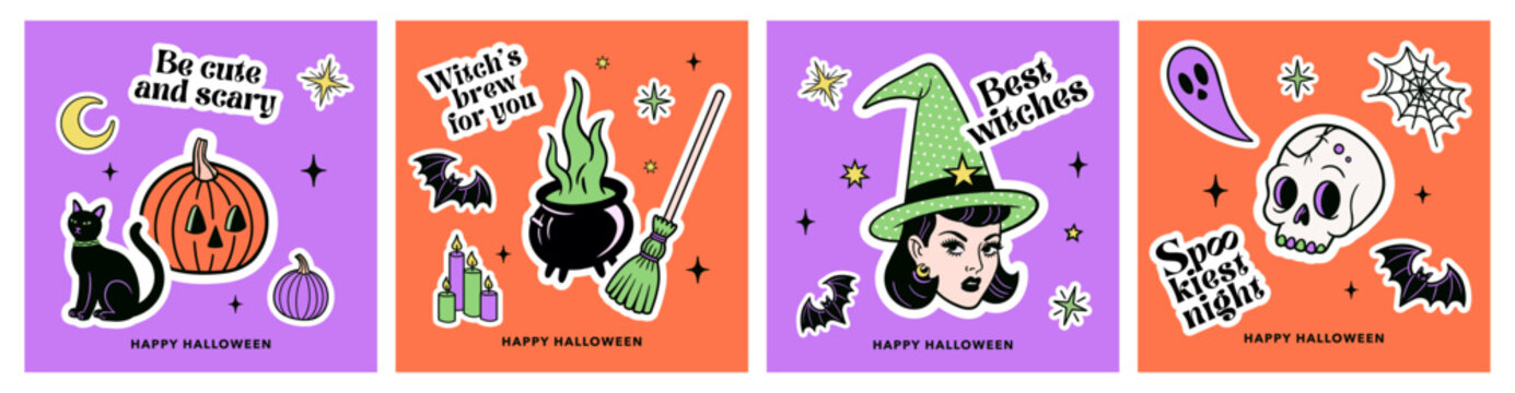 Retro Halloween sticker-style illustration set with a witch, pumpkin, black cat, skull and spooky icons. Cute vintage-inspired graphics for cards, social media, stickers and merchandise.