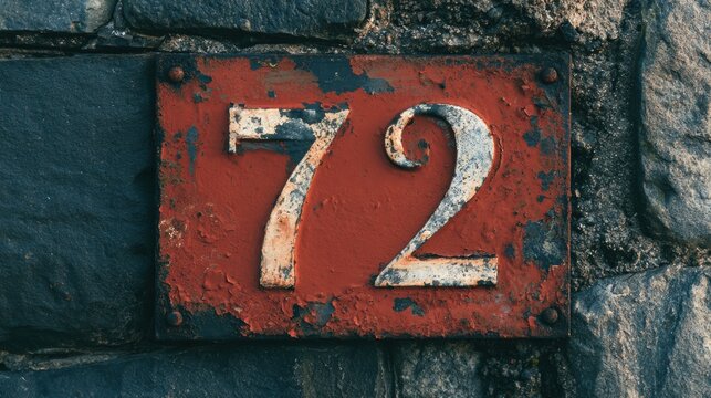 A detailed look at a weathered number 72 painted on metal, attached to an old stone wall with texture in soft afternoon light.