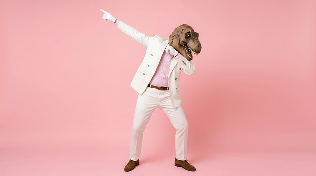 Man in White Suit and Dinosaur Mask Pointing Up Against Pink Background