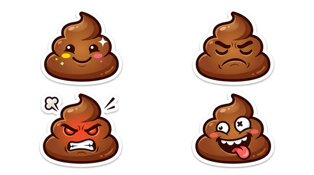Set of cute cartoon poop emoji stickers with different facial expressions including happy angry sad and crazy isolated on white background