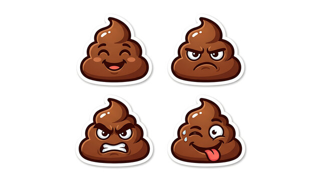 Cute Poop Emoji Cartoon Mascot Character Set with Funny Expressions Isolated on White Background