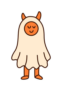 cute ghost costume person wearing white sheet outfit