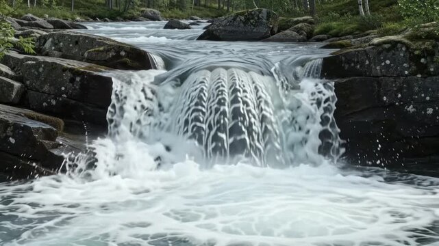 Cascading water flowing over dark rocks in a serene forest stream creating white foam and ripples in nature